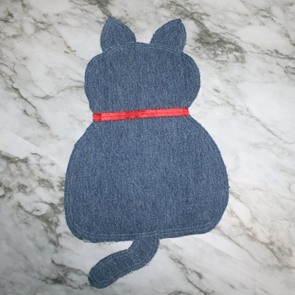HAND CRAFTED Mop Cat Kitten Set Terry Cloth Towel Upcyled Blue Denim Jeans - Picture 2 of 12